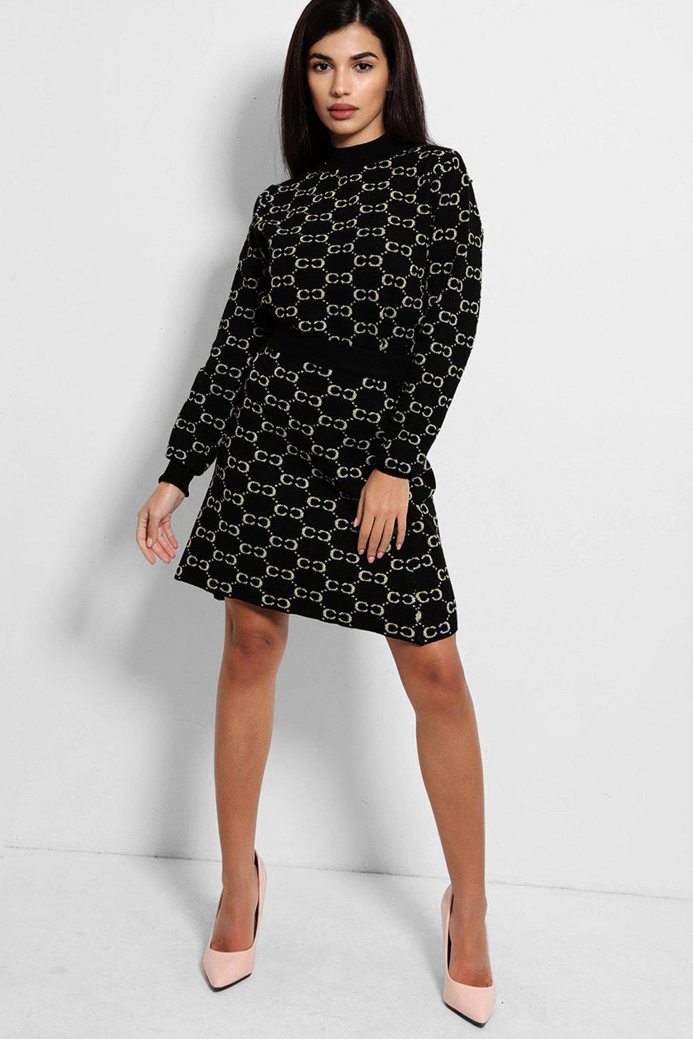 Black Lurex Chain Print Soft Knit Skirt And Pullover Set-SinglePrice