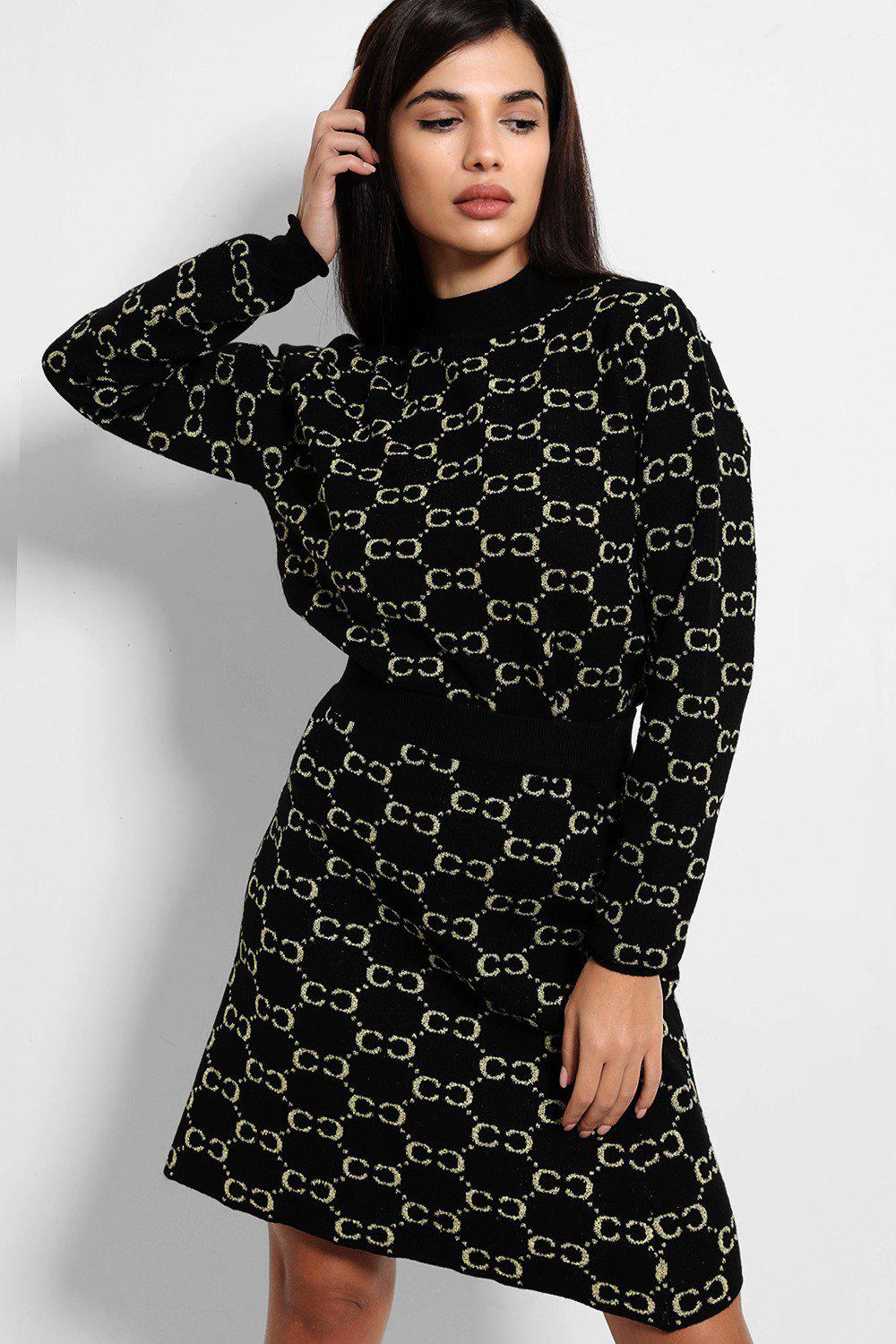 Black Lurex Chain Print Soft Knit Skirt And Pullover Set-SinglePrice