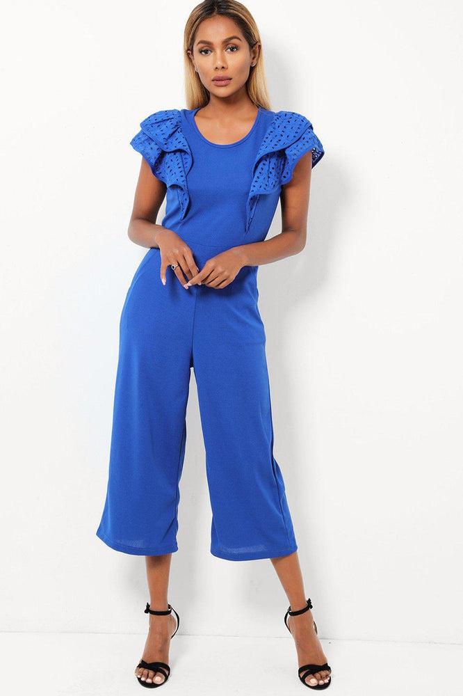 Blue Double Wing Sleeves Cropped Wide Leg Jumpsuit-SinglePrice