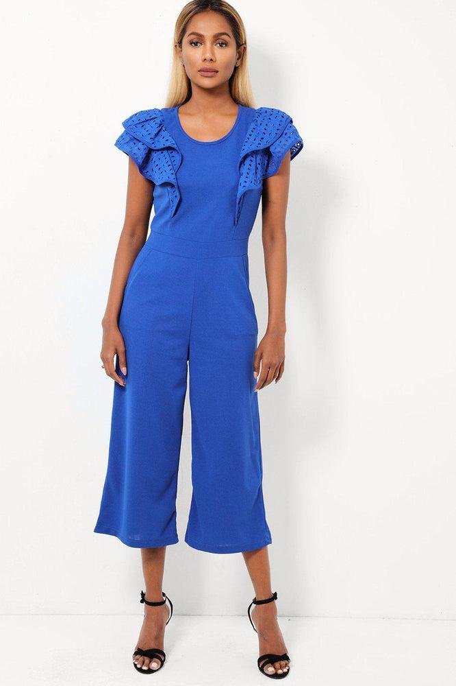 Blue Double Wing Sleeves Cropped Wide Leg Jumpsuit-SinglePrice