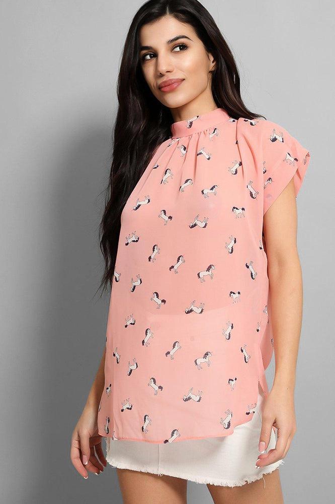 Pink Horses Print High Neck Short Sleeves Blouse-SinglePrice