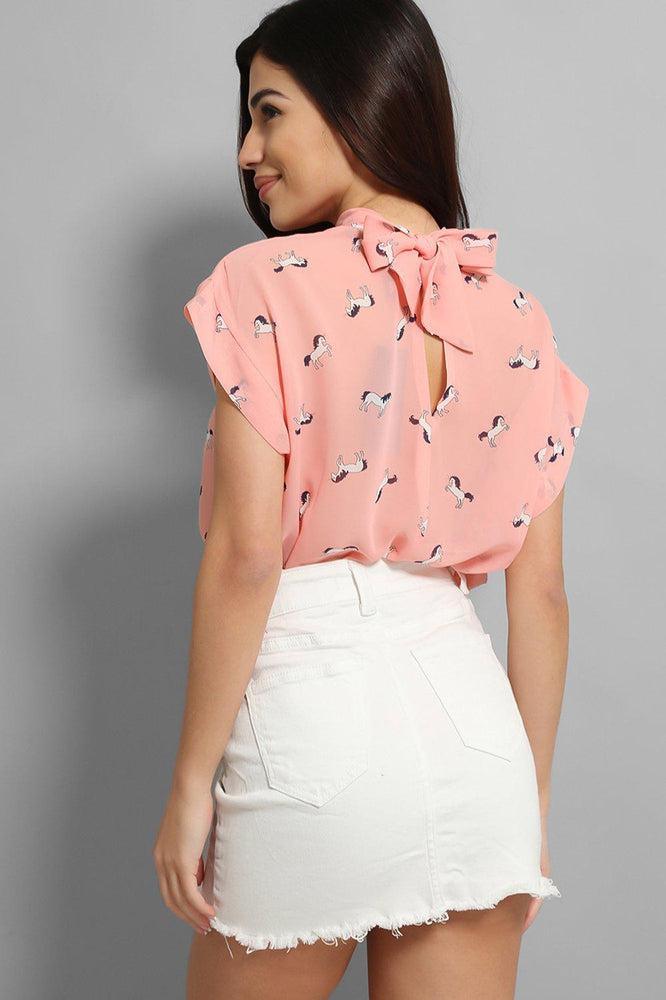 Pink Horses Print High Neck Short Sleeves Blouse-SinglePrice