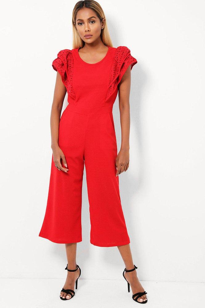 Wine Red Double Wing Sleeves Cropped Wide Leg Jumpsuit-SinglePrice