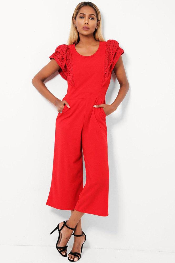 Wine Red Double Wing Sleeves Cropped Wide Leg Jumpsuit-SinglePrice