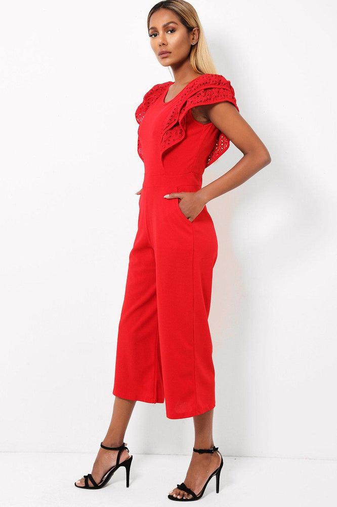 Wine Red Double Wing Sleeves Cropped Wide Leg Jumpsuit-SinglePrice