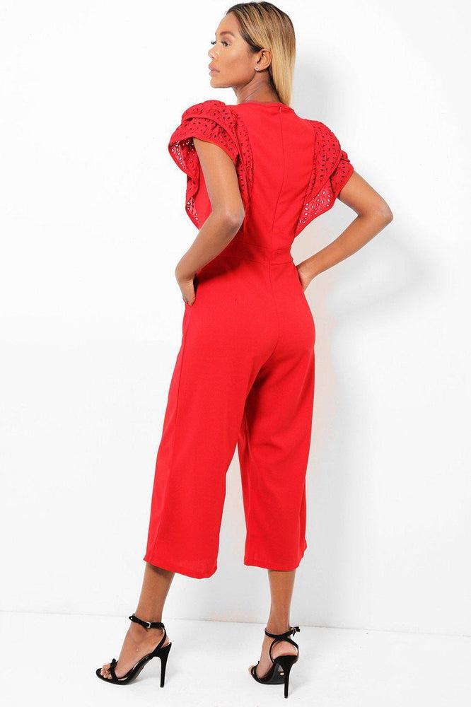 Wine Red Double Wing Sleeves Cropped Wide Leg Jumpsuit-SinglePrice
