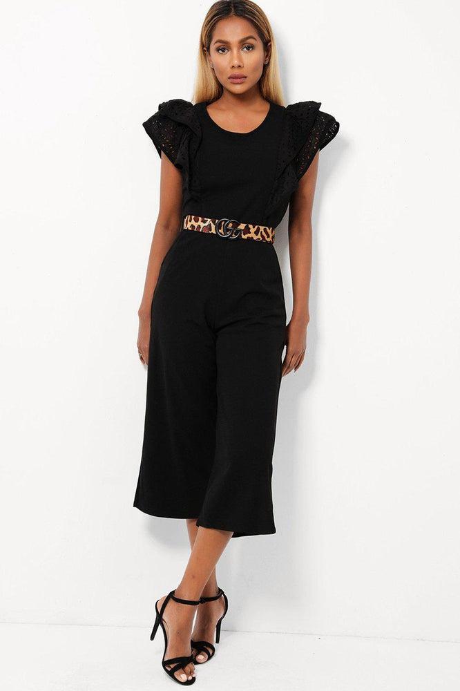 Black Double Wing Sleeves Cropped Wide Leg Jumpsuit-SinglePrice