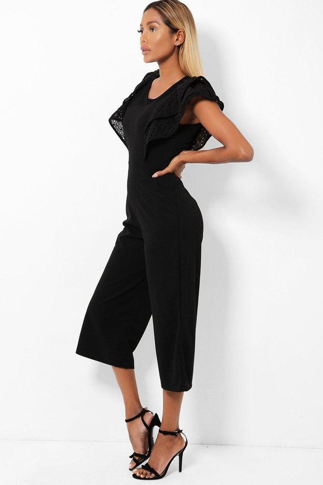 Black Double Wing Sleeves Cropped Wide Leg Jumpsuit-SinglePrice