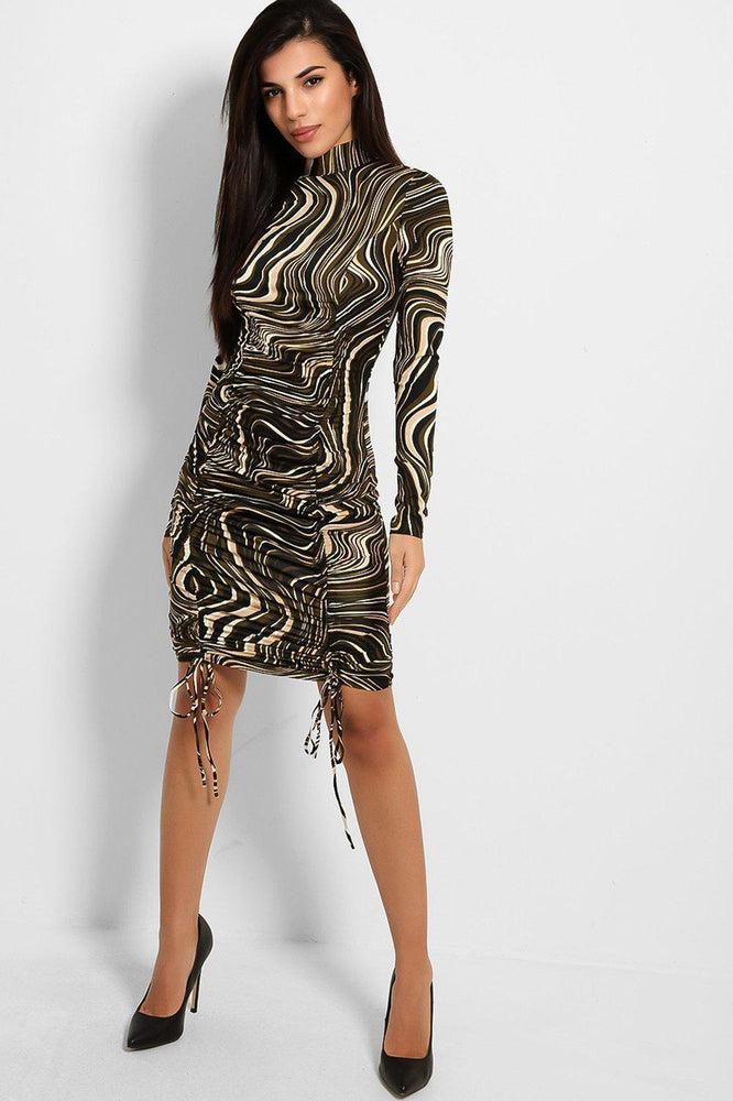 Marbling Print Drawstring Front Slinky Bodycon Dress-SinglePrice