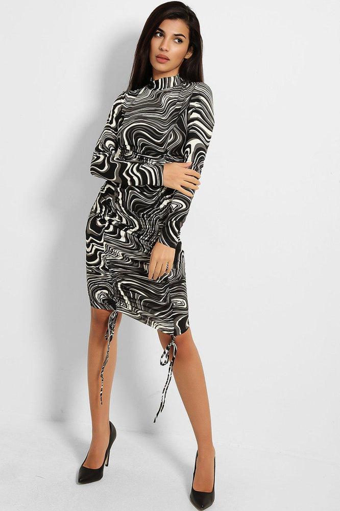 Marbling Print Drawstring Front Slinky Bodycon Dress-SinglePrice