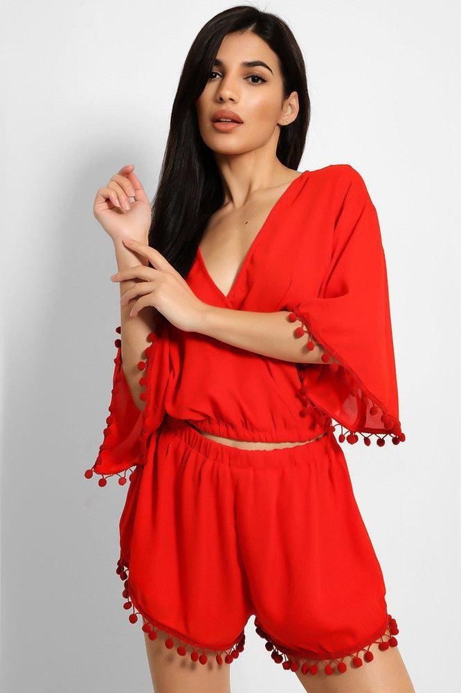 Red Pom-Pom Trims Batwing Top And Shorts Set-SinglePrice