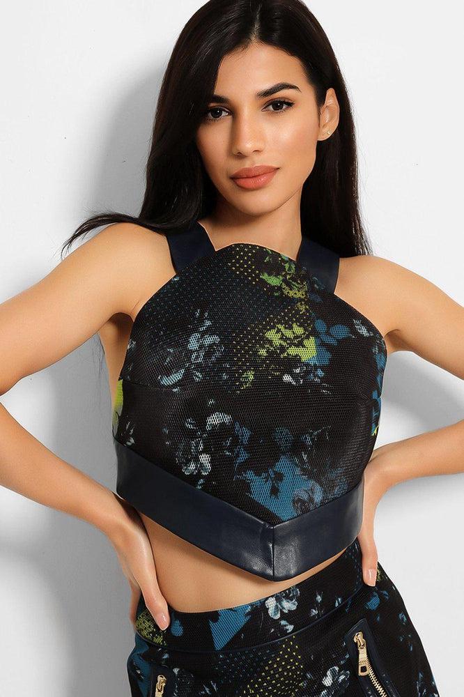 Navy Teal Dimple Floral Print Mesh Structured Top-SinglePrice