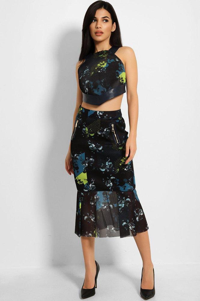 Navy Teal Dimple Floral Print Mesh Structured Skirt-SinglePrice