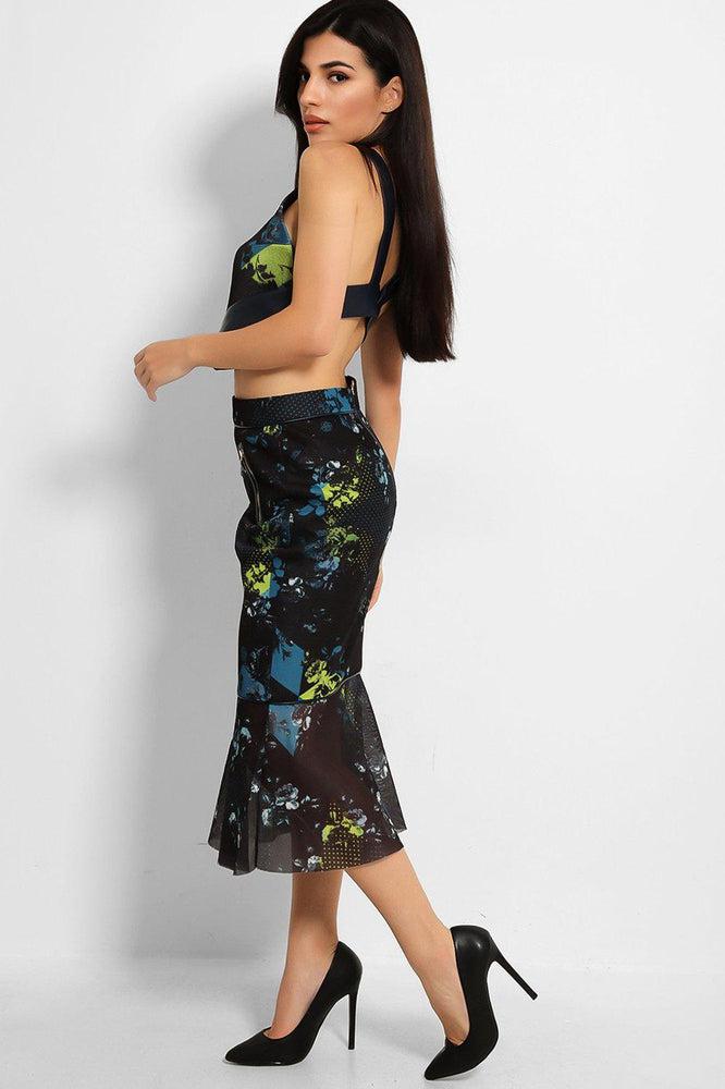 Navy Teal Dimple Floral Print Mesh Structured Skirt-SinglePrice