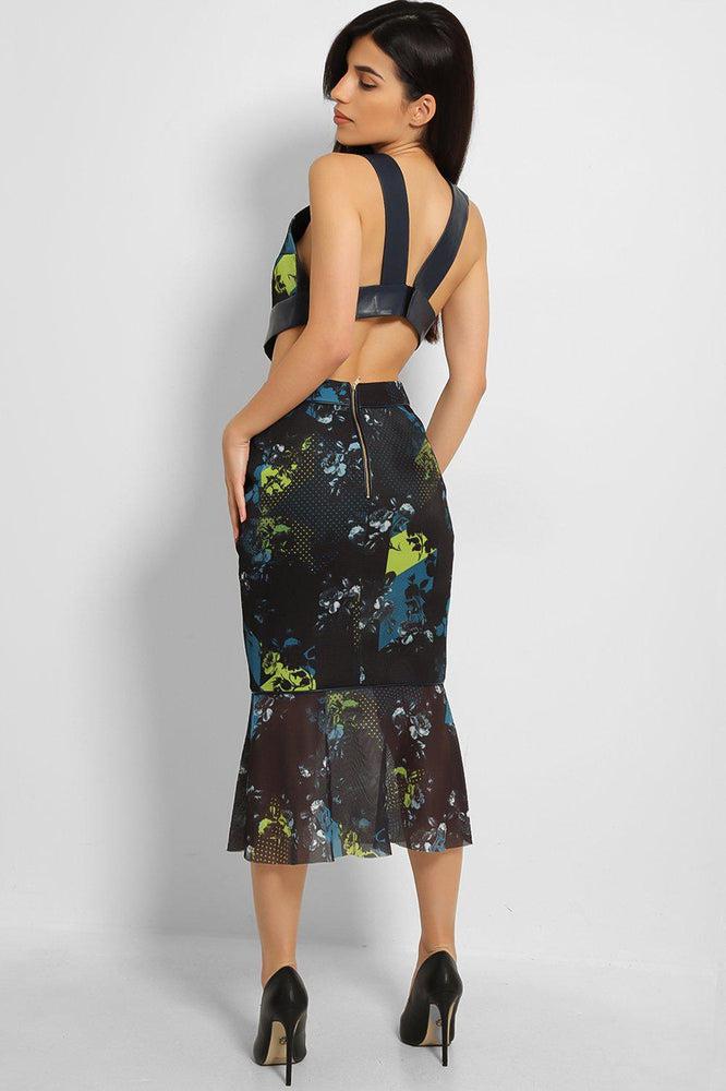 Navy Teal Dimple Floral Print Mesh Structured Skirt-SinglePrice
