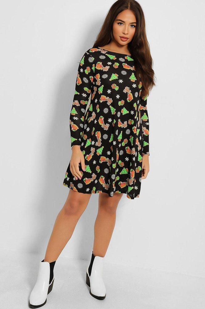 Black Christmas Tree And Presents Print Dress-SinglePrice