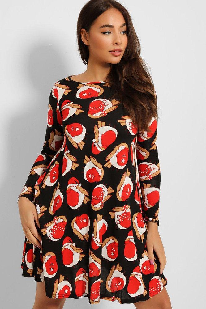 Black Red Robin Print Christmas Dress-SinglePrice