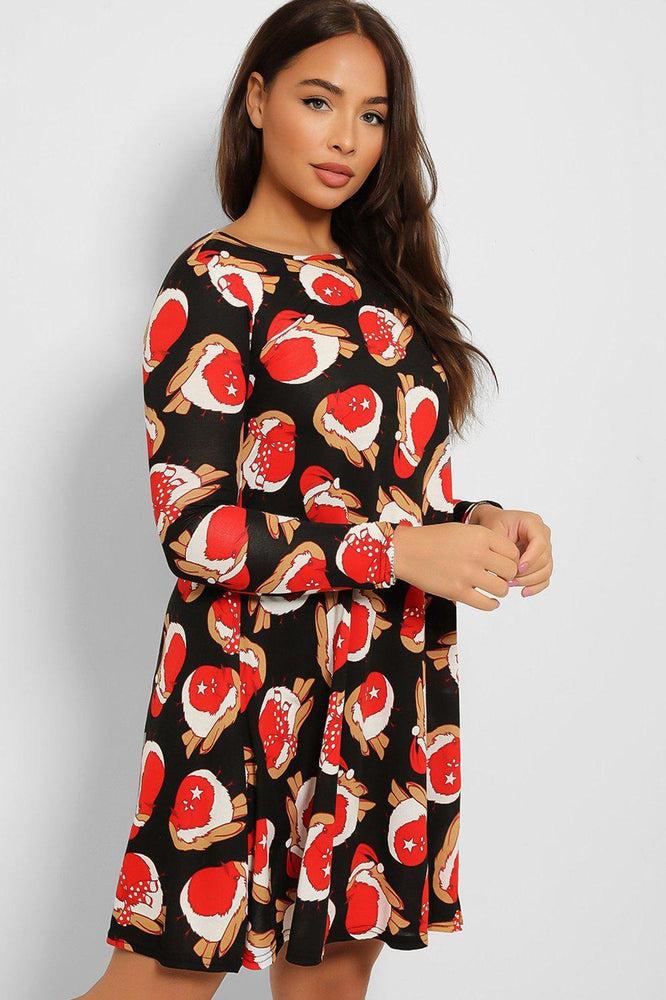 Black Red Robin Print Christmas Dress-SinglePrice
