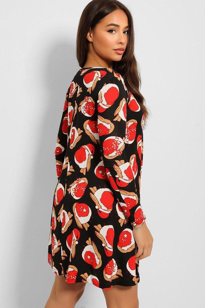 Black Red Robin Print Christmas Dress-SinglePrice