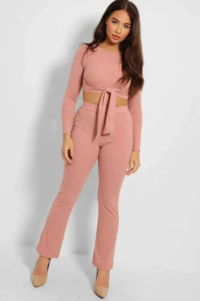 Ribbed Jersey Crop Tie Top And Trousers Set-SinglePrice