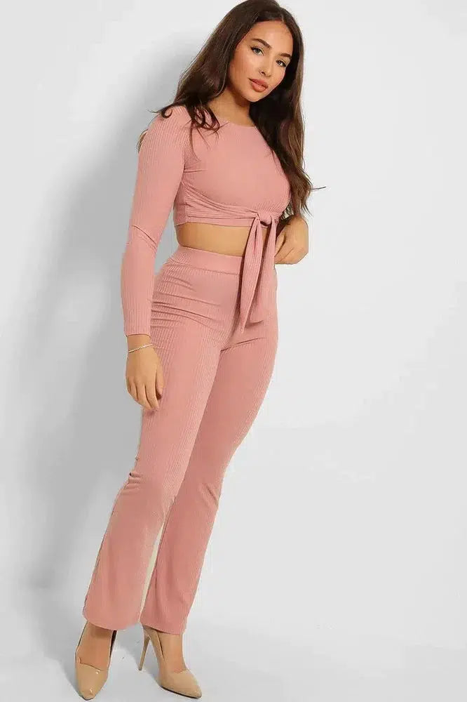 Ribbed Jersey Crop Tie Top And Trousers Set-SinglePrice