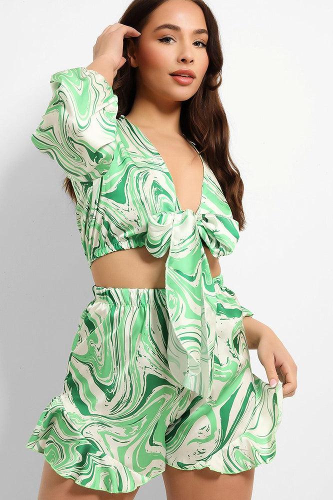 Marble Swirl Cropped Tie Up Shirt And Shorts Set-SinglePrice