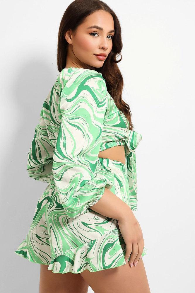Marble Swirl Cropped Tie Up Shirt And Shorts Set-SinglePrice