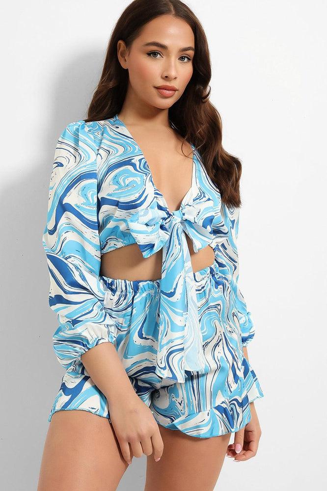 Marble Swirl Cropped Tie Up Shirt And Shorts Set-SinglePrice