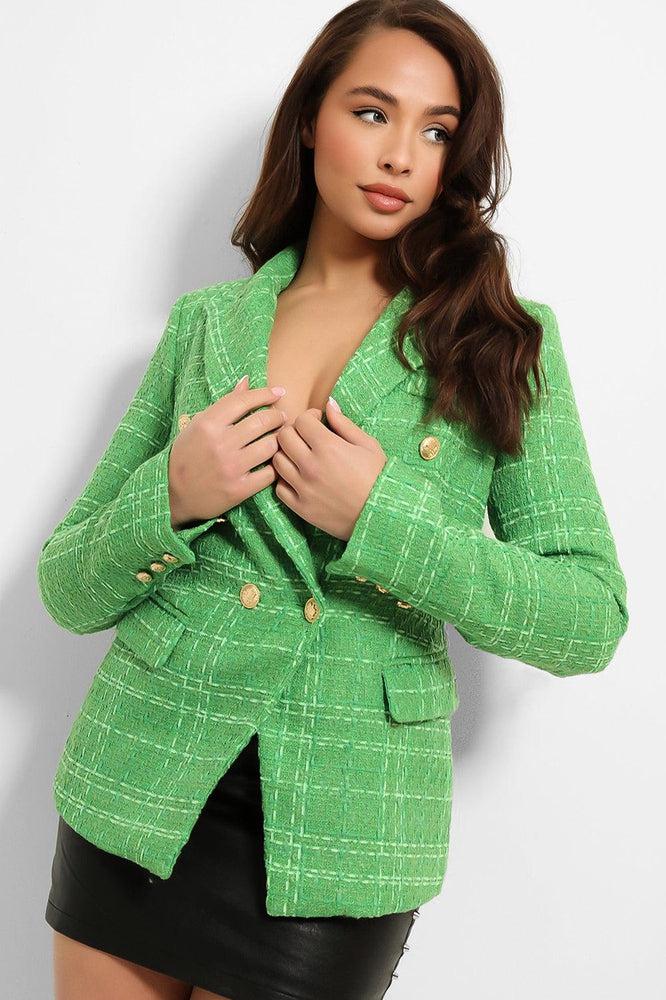 Gold Military Buttons Boucle Double Breasted Blazer-SinglePrice