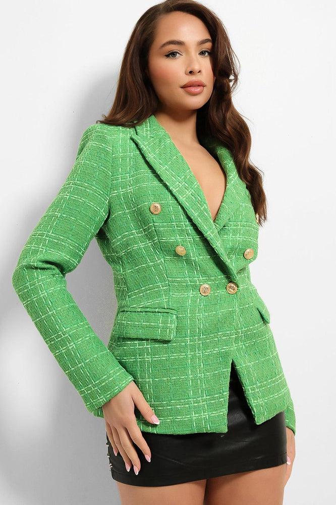 Gold Military Buttons Boucle Double Breasted Blazer-SinglePrice