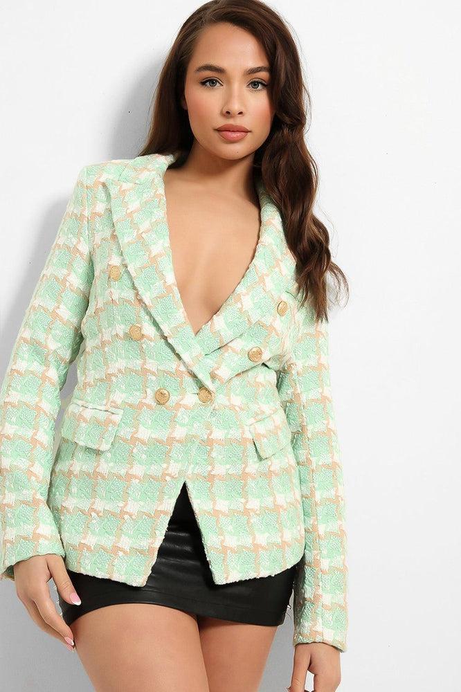 Plaid Boucle Military Buttons Blazer-SinglePrice