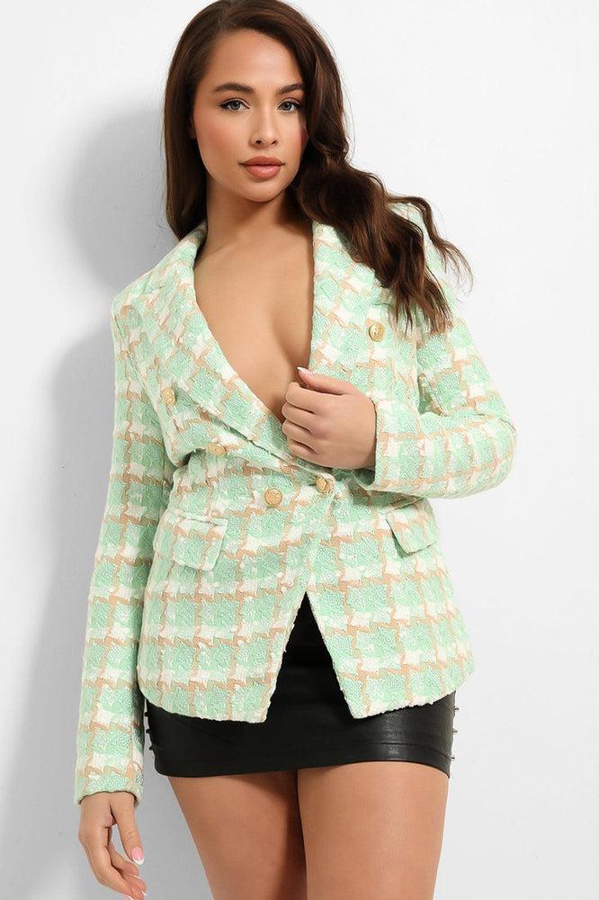 Plaid Boucle Military Buttons Blazer-SinglePrice