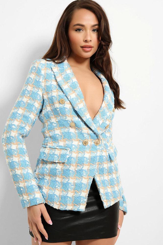 Plaid Boucle Military Buttons Blazer-SinglePrice