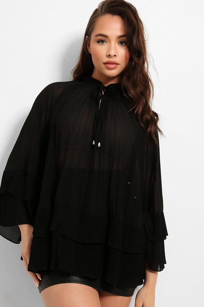 Neck Tie Pleated Chiffon Blouse-SinglePrice