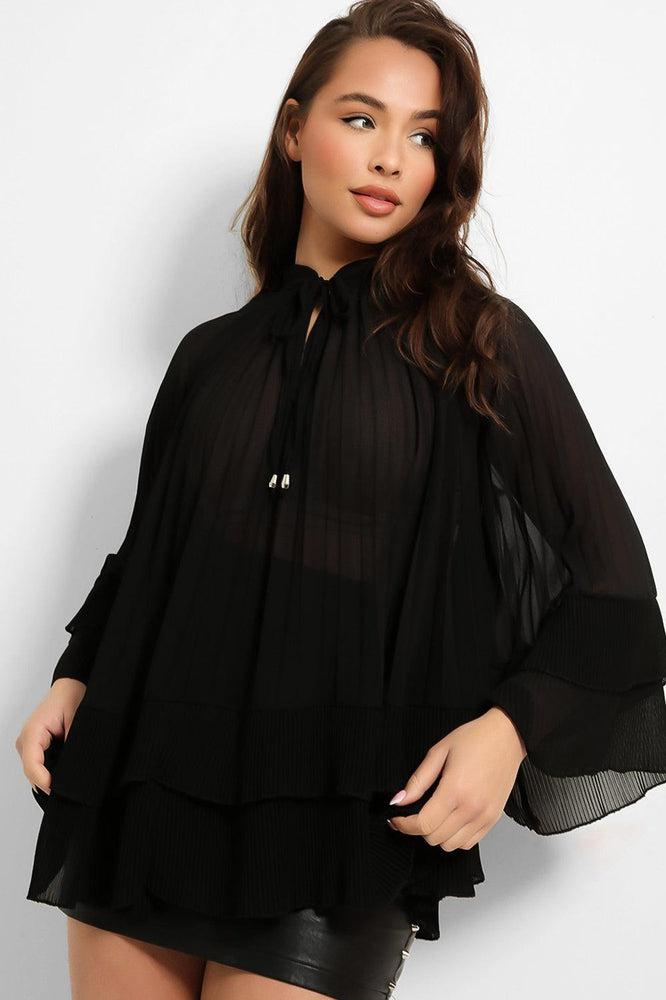 Neck Tie Pleated Chiffon Blouse-SinglePrice