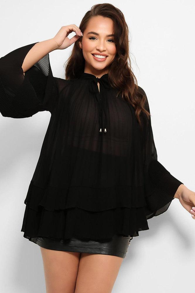 Neck Tie Pleated Chiffon Blouse-SinglePrice