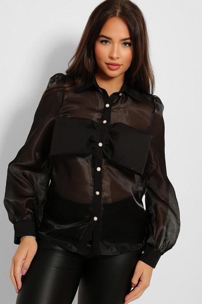 Pearl Buttons Bow Detail Sheer Organza Shirt-SinglePrice