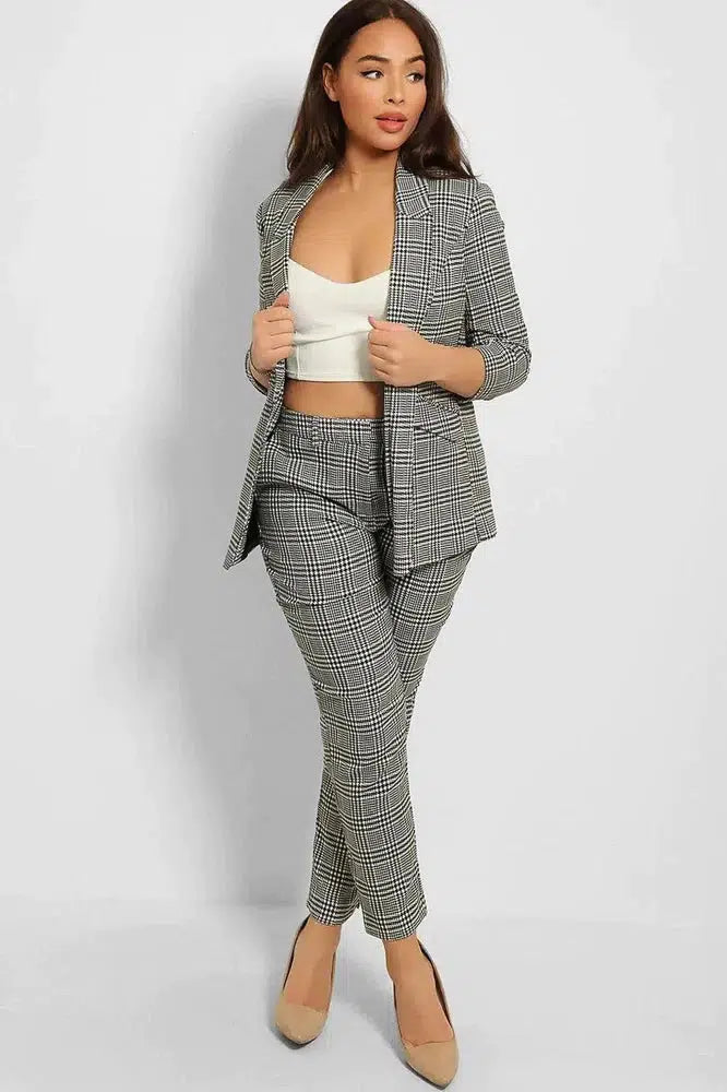 Ruched 3/4 Sleeves Open Blazer And Peg Leg Trousers Set-SinglePrice