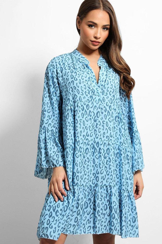 Blue Leopard Print V-Neck Tiered Dress-SinglePrice