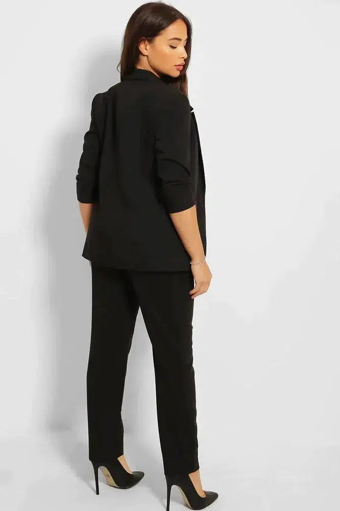 Ruched 3/4 Sleeves Open Blazer And Peg Leg Trousers Set-SinglePrice