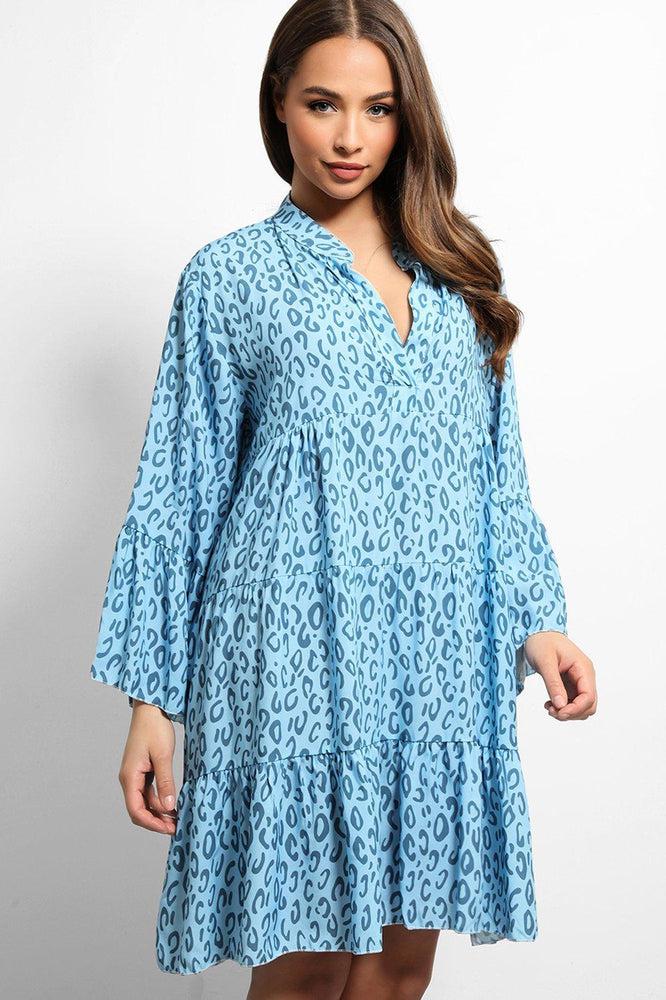 Blue Leopard Print V-Neck Tiered Dress-SinglePrice