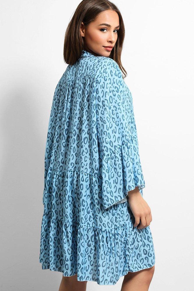 Blue Leopard Print V-Neck Tiered Dress-SinglePrice