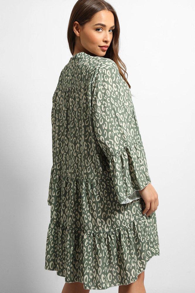 Khaki Leopard Print V-Neck Tiered Dress-SinglePrice