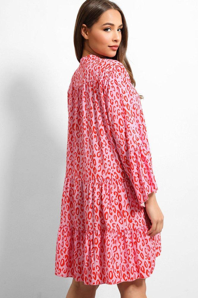 Pink Leopard Print V-Neck Tiered Dress-SinglePrice