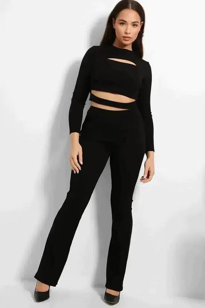 Ribbed Jersey Cut Out Details Crop Top And Trousers Set-SinglePrice