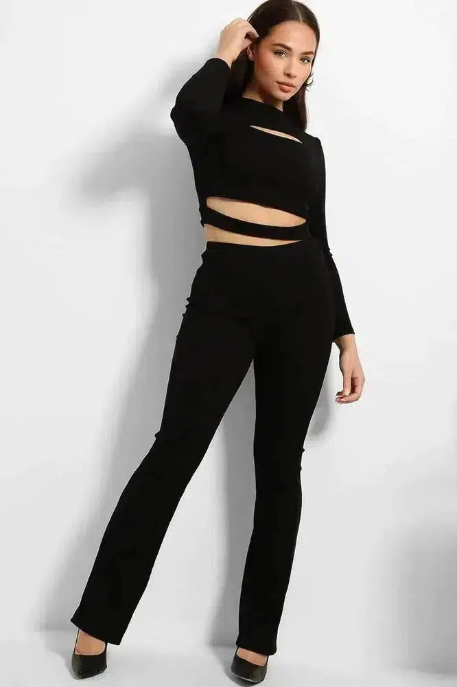 Ribbed Jersey Cut Out Details Crop Top And Trousers Set-SinglePrice