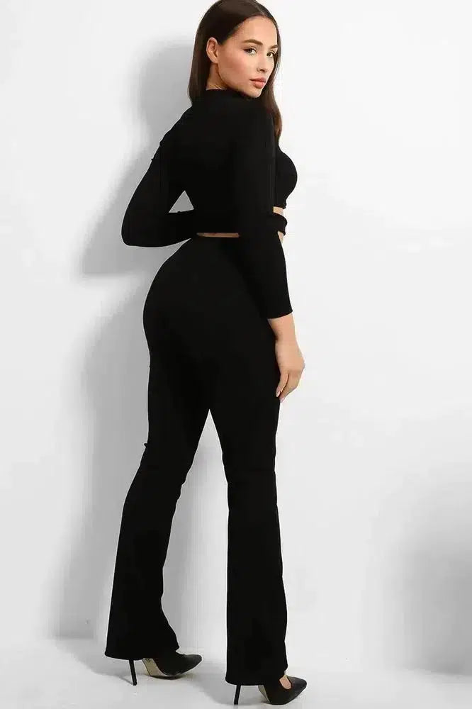 Ribbed Jersey Cut Out Details Crop Top And Trousers Set-SinglePrice