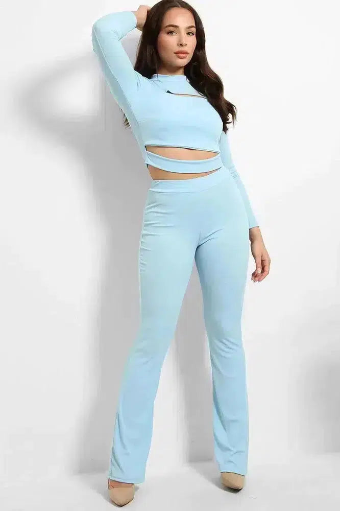 Ribbed Jersey Cut Out Details Crop Top And Trousers Set-SinglePrice
