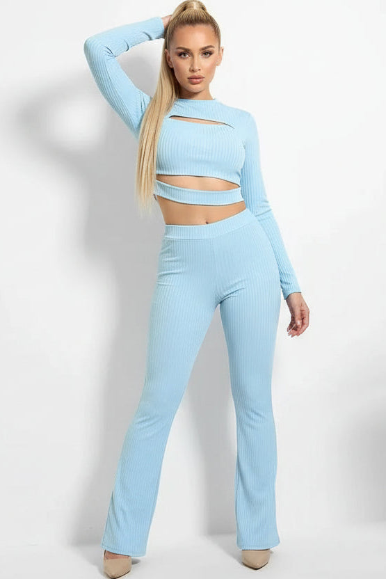 Ribbed Jersey Cut Out Details Crop Top And Trousers Set-SinglePrice