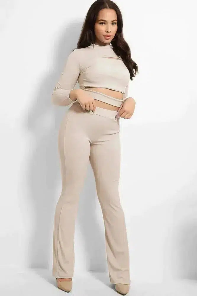 Ribbed Jersey Cut Out Details Crop Top And Trousers Set-SinglePrice